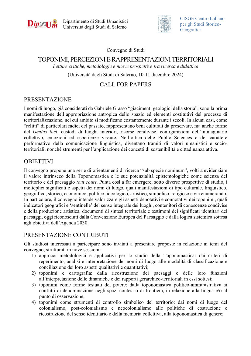 Call for papers - Convegno di Studi TOPONIMI, PERCEZIONI E RAPPRESENTAZIONI TERRITORIALI