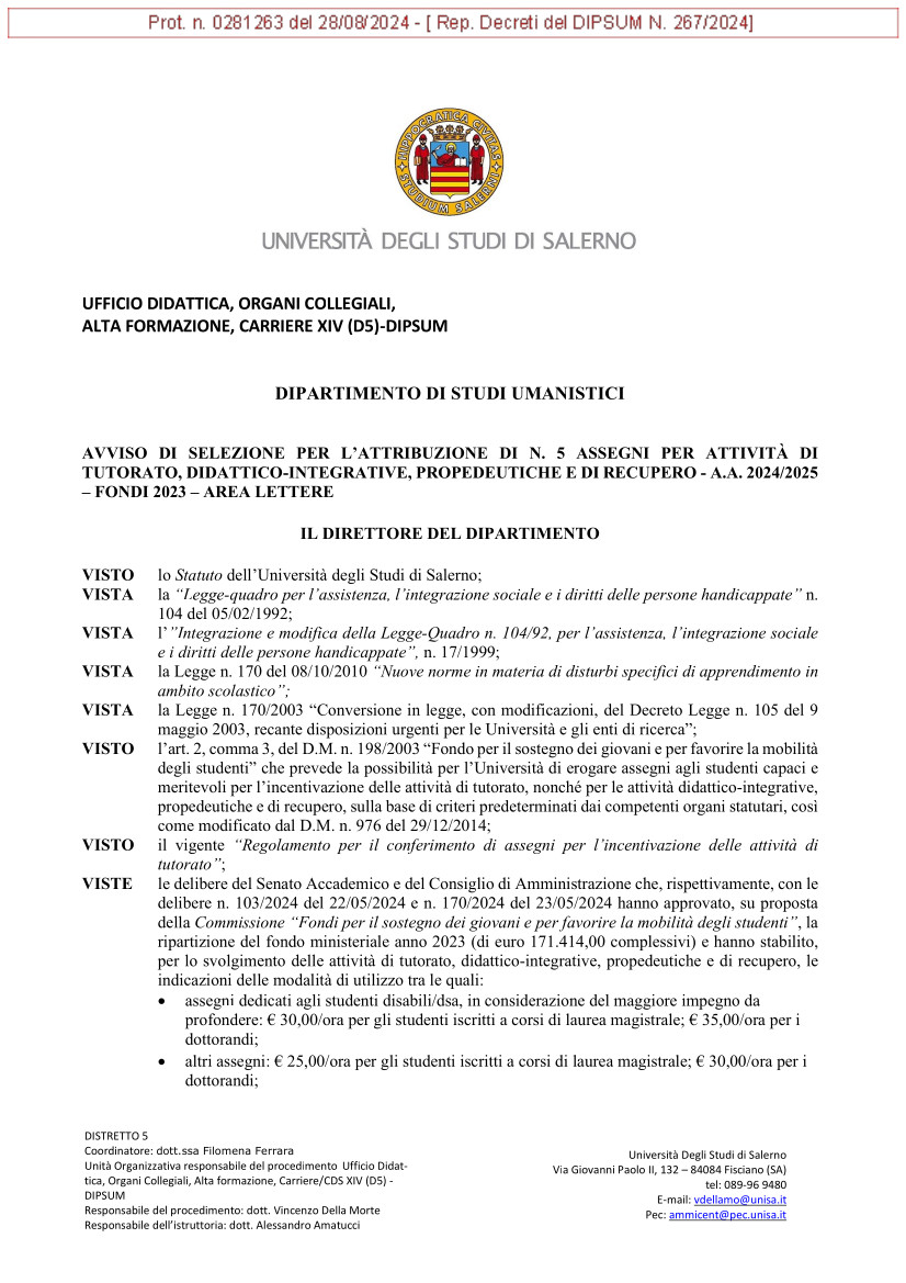 Bando per 5 assegni di tutorato (area Lettere) Scadenza: 16 settembre 2024, ore 12