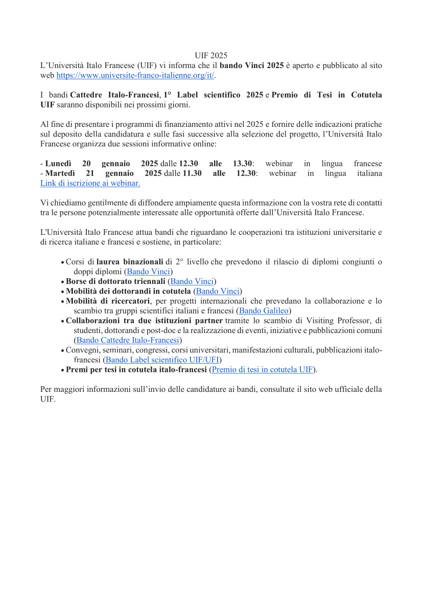 UIF 2025 - bando Vinci 2025 e altri bandi dell'Università Italo Francese