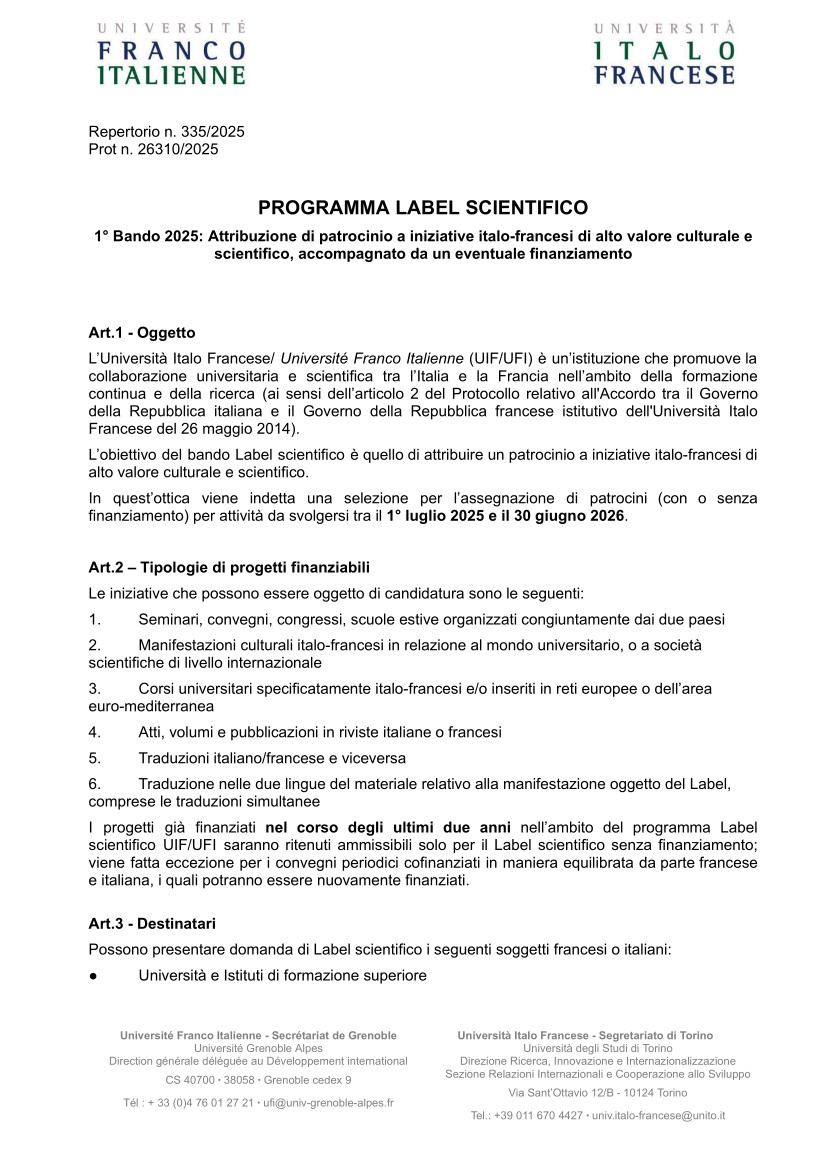 1° bando Label scientifico UIF 2025