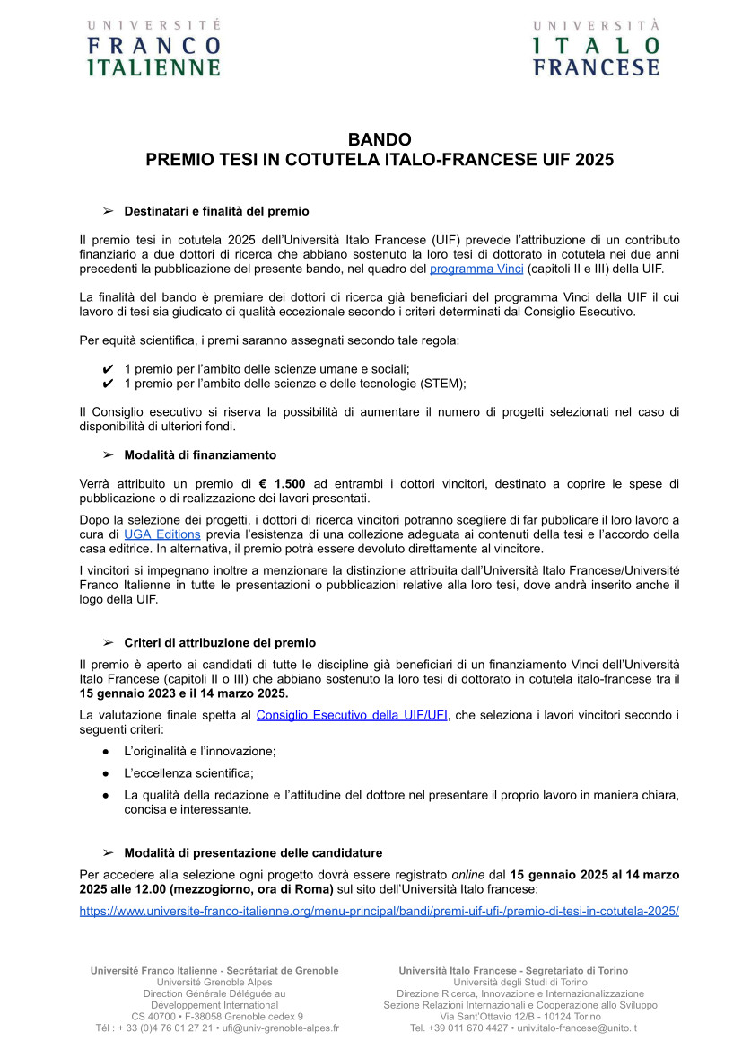 Bando Premio di Tesi in Cotutela 2025