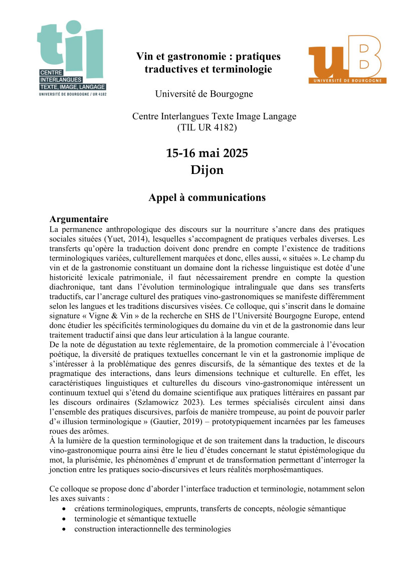 Vin et gastronomie : pratiques traductives et terminologie