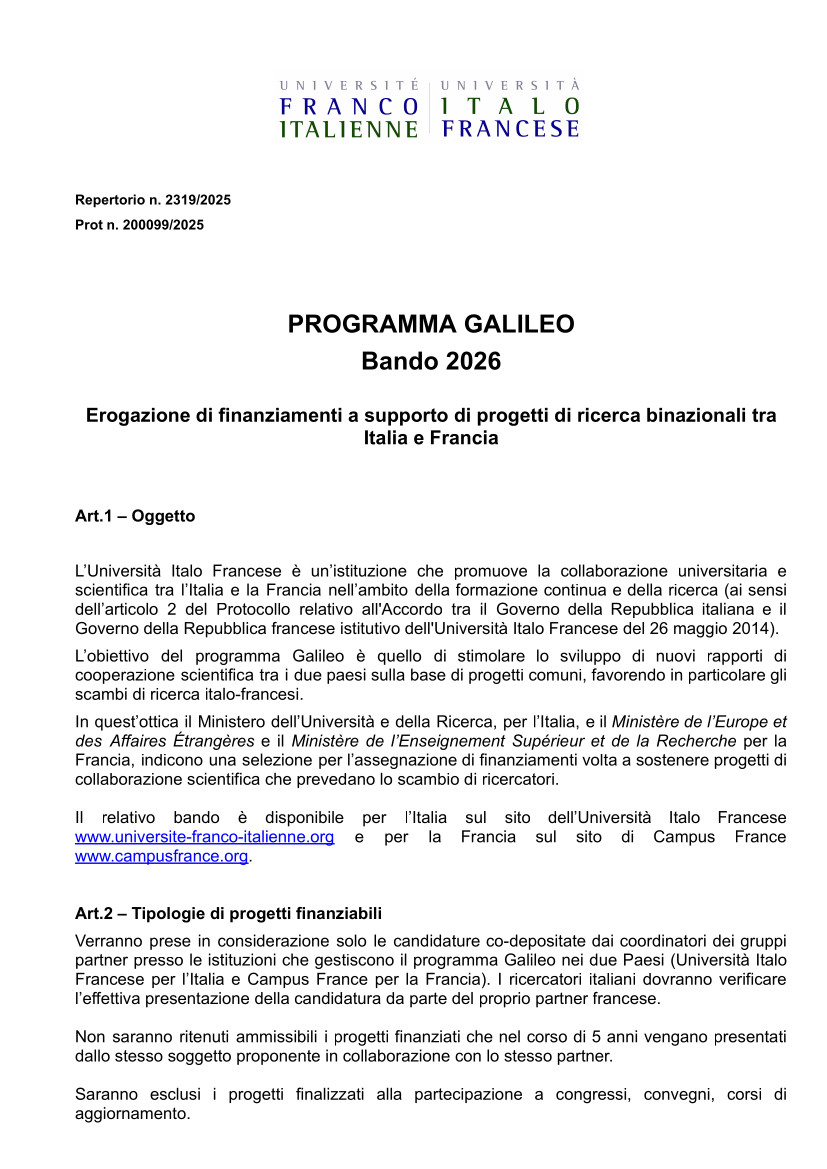 Bando Galileo 2026  dell'Università Italo Francese